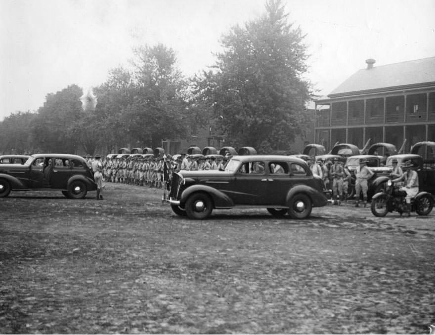 Sixth Infantry members preparing to leave for motorized hike, 1930.