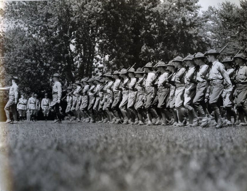 C.M.T.C. youths at Jefferson Barracks wear army hoonail shoes, 1930.