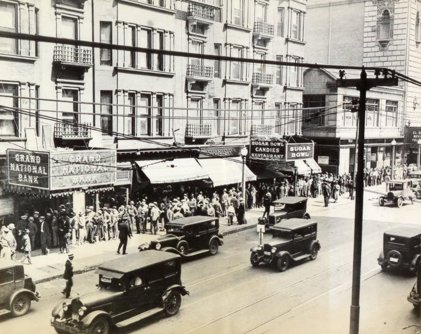 Exterior of Grand National Bank after robbery, 1930.