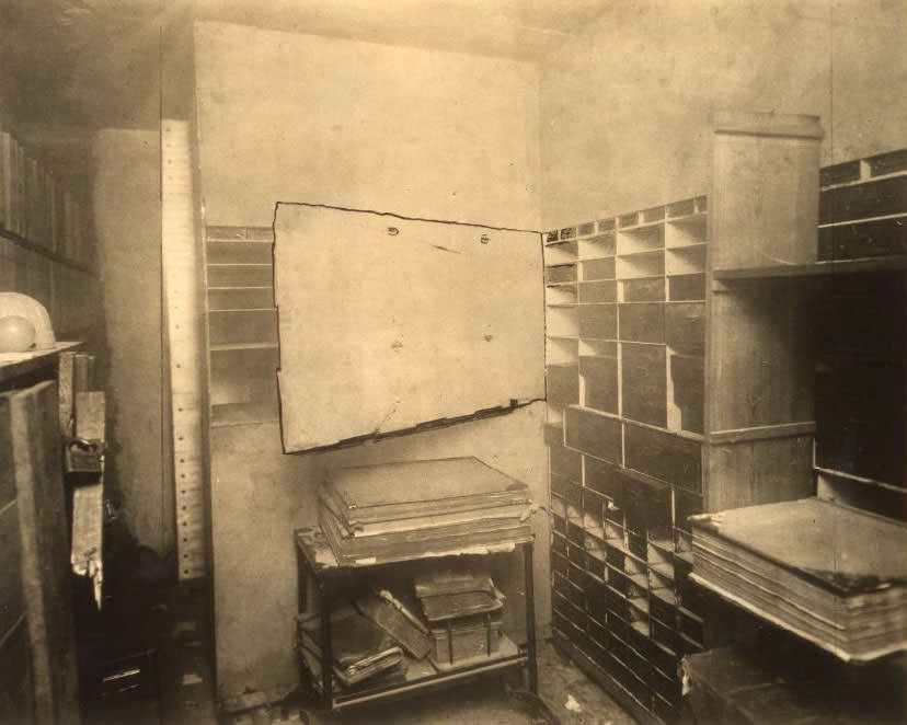 Grand National Bank deposit boxes after robbery, 1930.