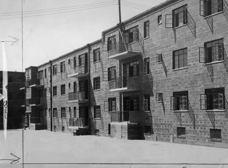 Wing of Neighborhood Gardens Apartments, where rents are low, 1935.