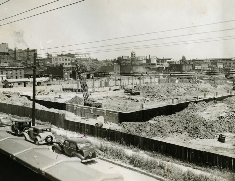 Construction progress of National Guard Armory on Market Street, 1930