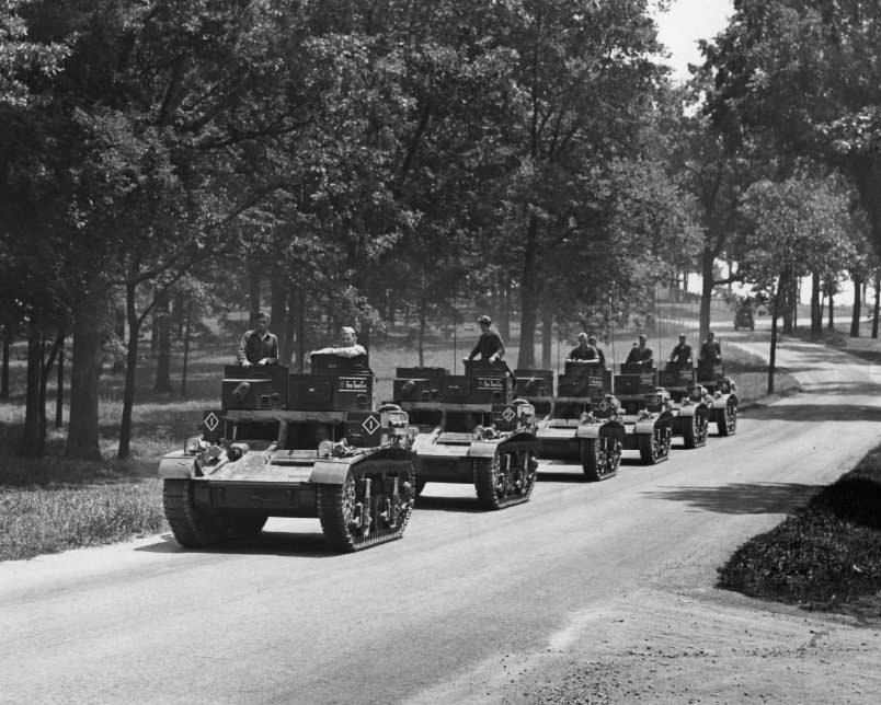 Sixth Tank Company at Jefferson Barracks departs for training in Arcadia, MO, 1930