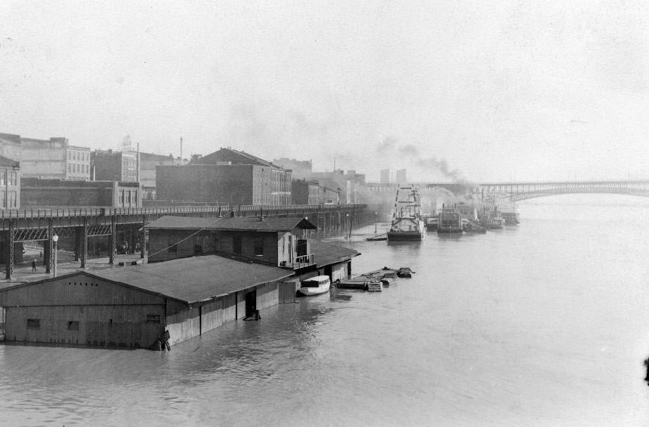 St Louis Riverfront during flood stage, with Eads Bridge in the background, 1930