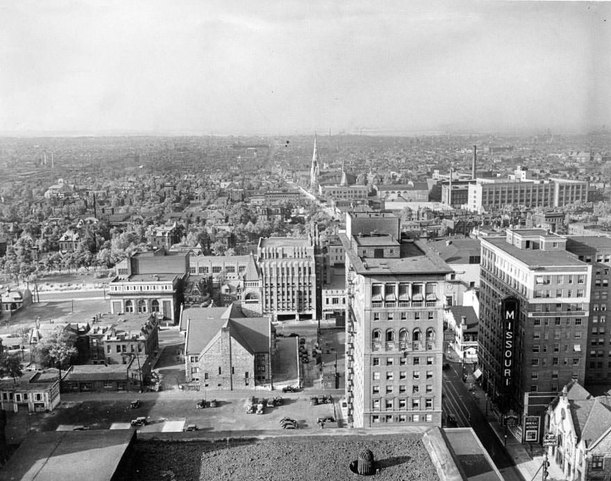 Air and skyline view of St. Louis in 1930, taken from the penthouse apartment of Continental Life Building. The photo shows North St. Louis