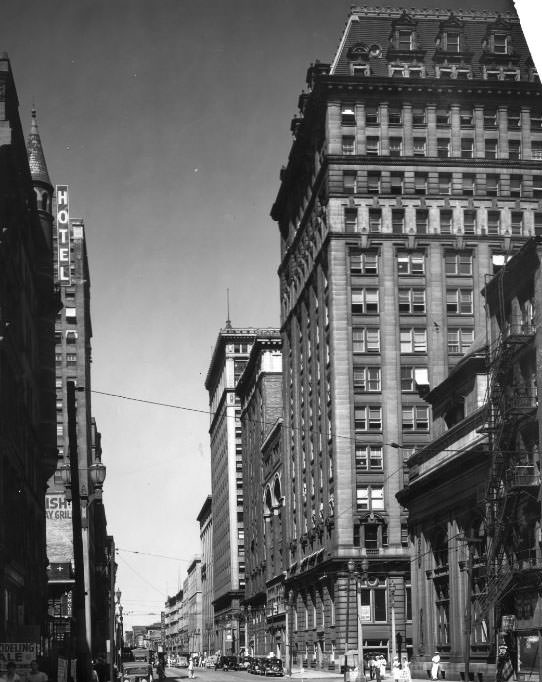 A glimpse of Wall Street in St. Louis in 1935, looking north on Broadway from Pine street where numerous banking institutions made their home.