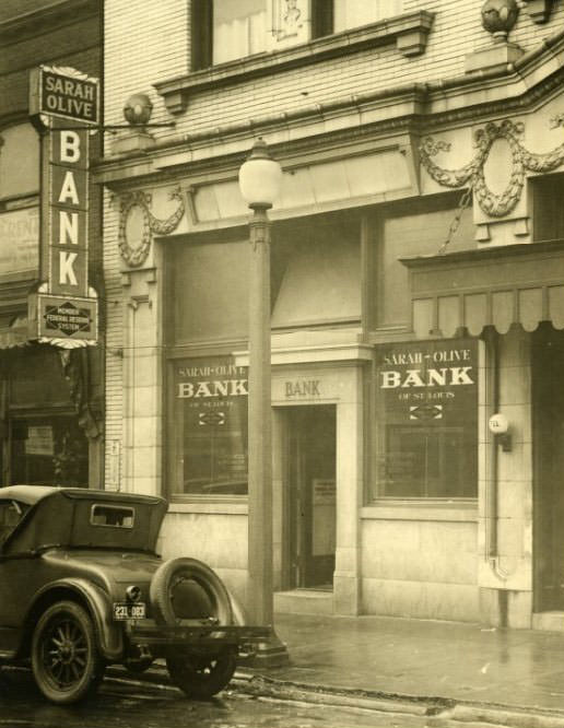 The Sarah-Olive Bank at 4055 Olive street in St. Louis, MO, where three robbers obtained $6,000 in a holdup in 1930.