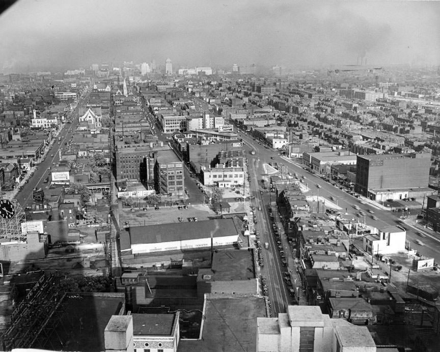 $1000-a-month view from the Continental Life Building penthouse, eastward down Olive street. Civil Courthouse and downtown buildings discernible in the distance, 1930