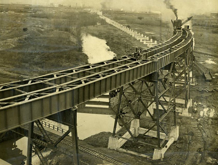 Construction of the new northeast approach to the St. Louis Municipal Bridge, now known as the MacArthur Bridge, 1930