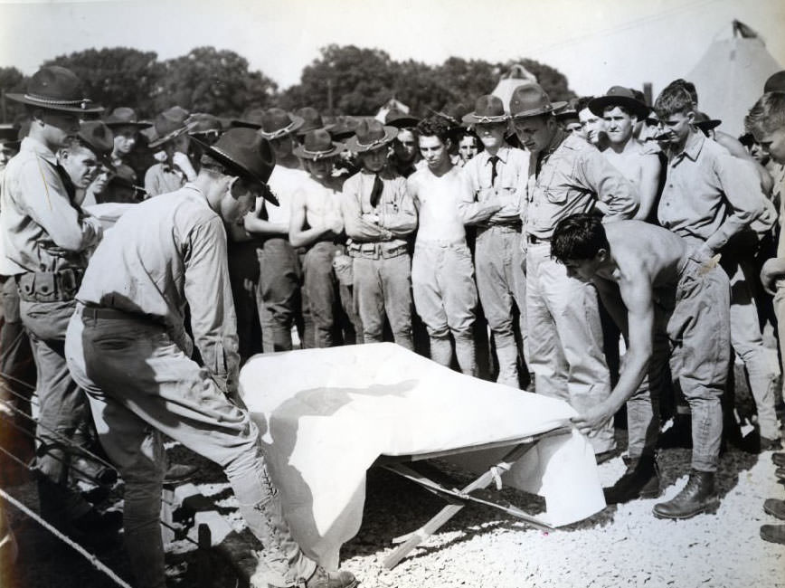 Camp officers confer with commanding officer Lt. Col. Oldham Paisley, 1930