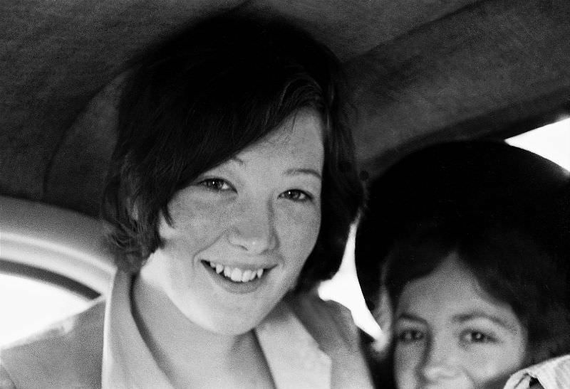 Deilwen and Carol on holiday. Top deck on the bus in Devon, on holiday from Liverpool, 1970