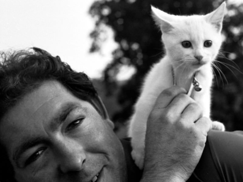 A Western National bus conductor with a fluffy kitten on his shoulder, Totnes, Devon, 1970