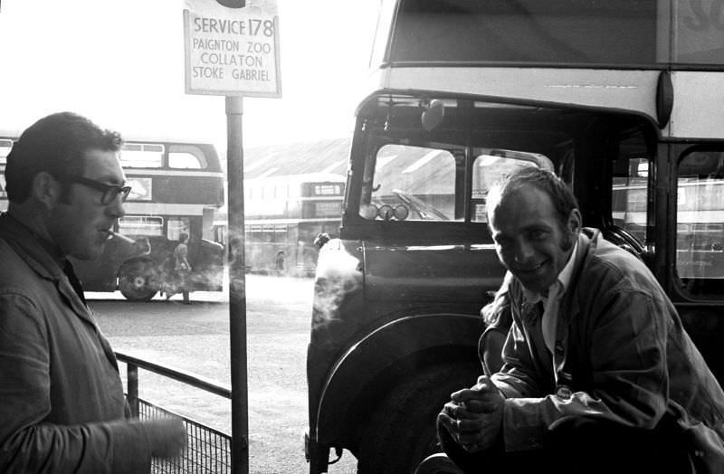 Here's the crew, Paignton bus station, 1970