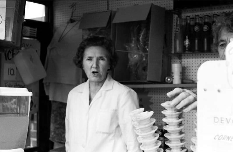 Icy stare from the ice cream lady in the kiosk in Paignton bus station, 1970