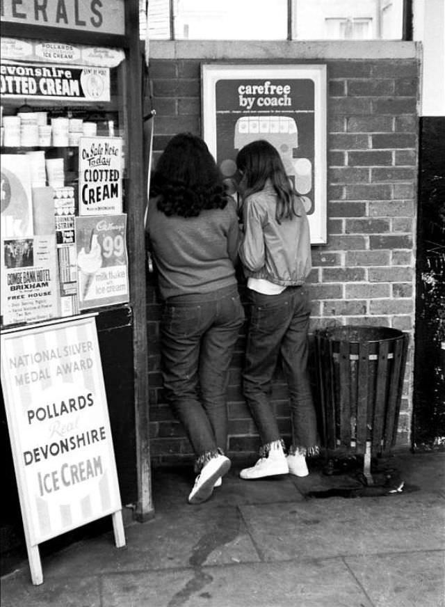 Secrets by the ice cream stall, Paignton bus station, 1970