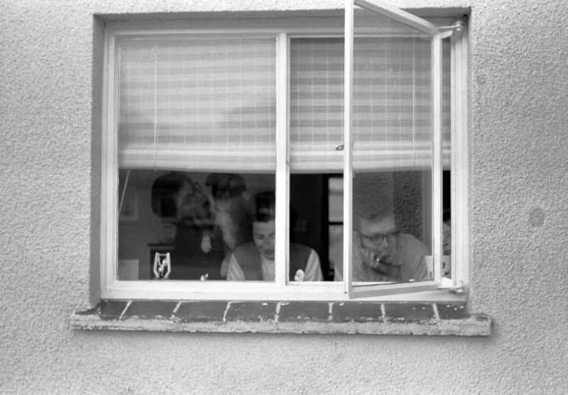 Through a window, Parkers Close, Totnes, Devon, 1970