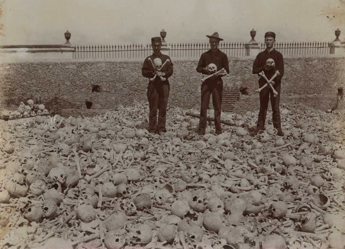 American Soldiers Playing with Human Skulls in Colon Cemetery in Havana, 1900s