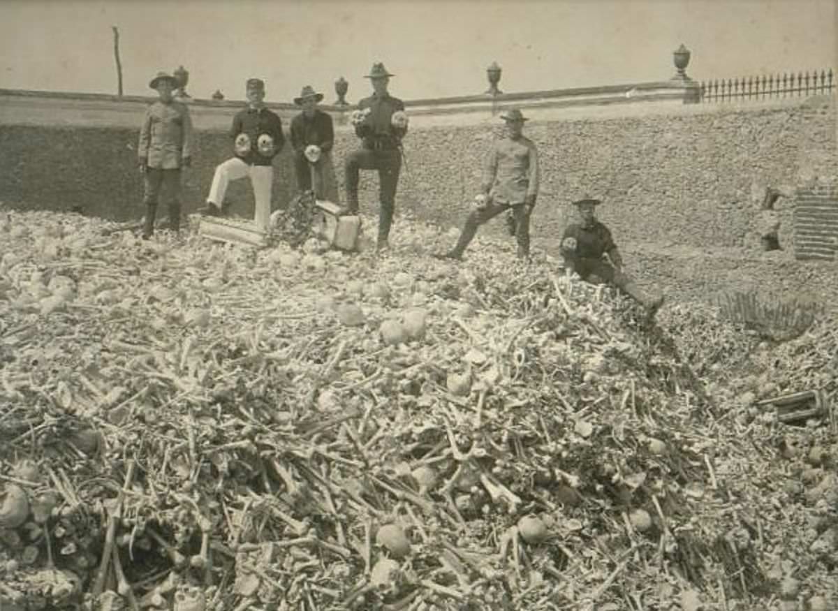 American Soldiers Playing with Human Skulls in Colon Cemetery in Havana, 1900s