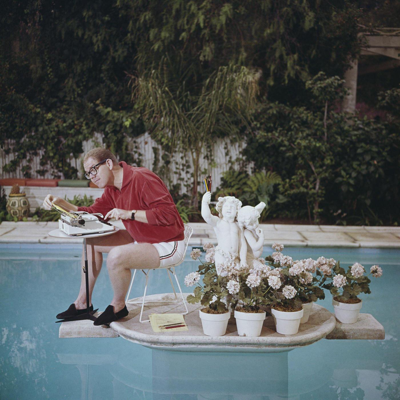 Stan Freberg, working in his swimming pool.