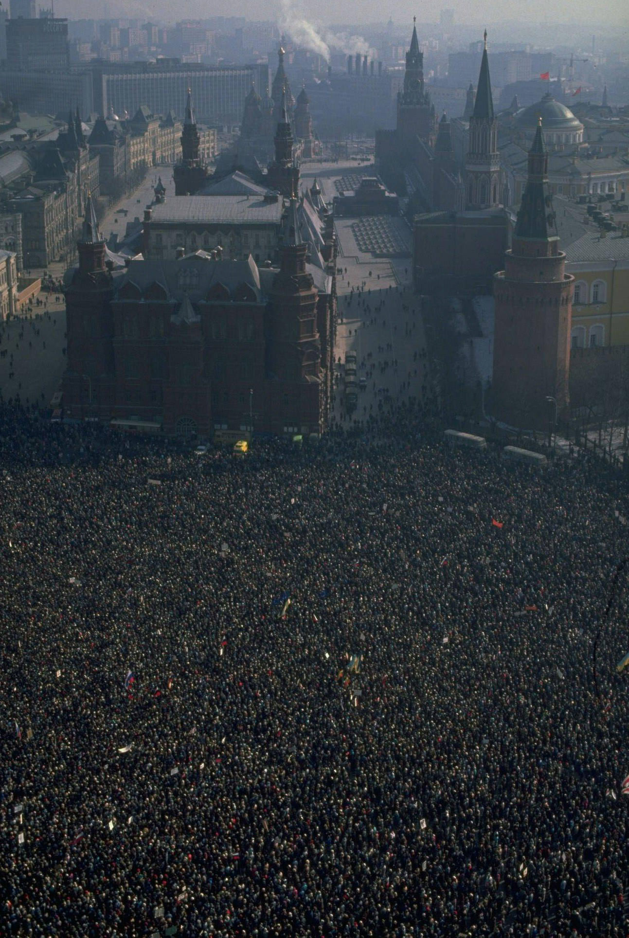 Sea of pro-democracy protestors fill Red Square by Kremlin demonstrating for reform.