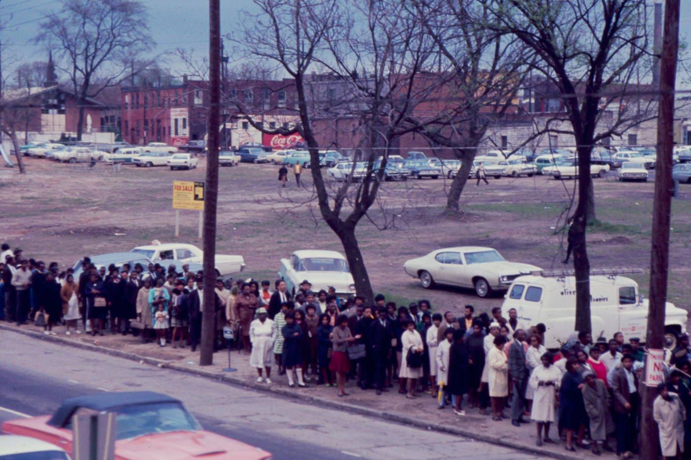 Mourners as they wait in line for Dr Martin Luther King Jr's funeral (at Ebenezer Baptist Church), Atlanta, Georgia, April 9, 1968.