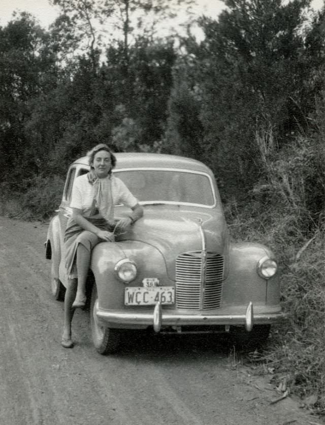 Austin A40 Devon on a dirt road in the Australian countryside, 1954.