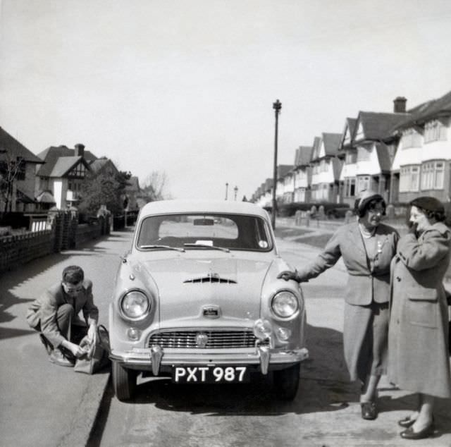 Austin A40 Cambridge in a residential street on a sunny day in early spring, April 1955.