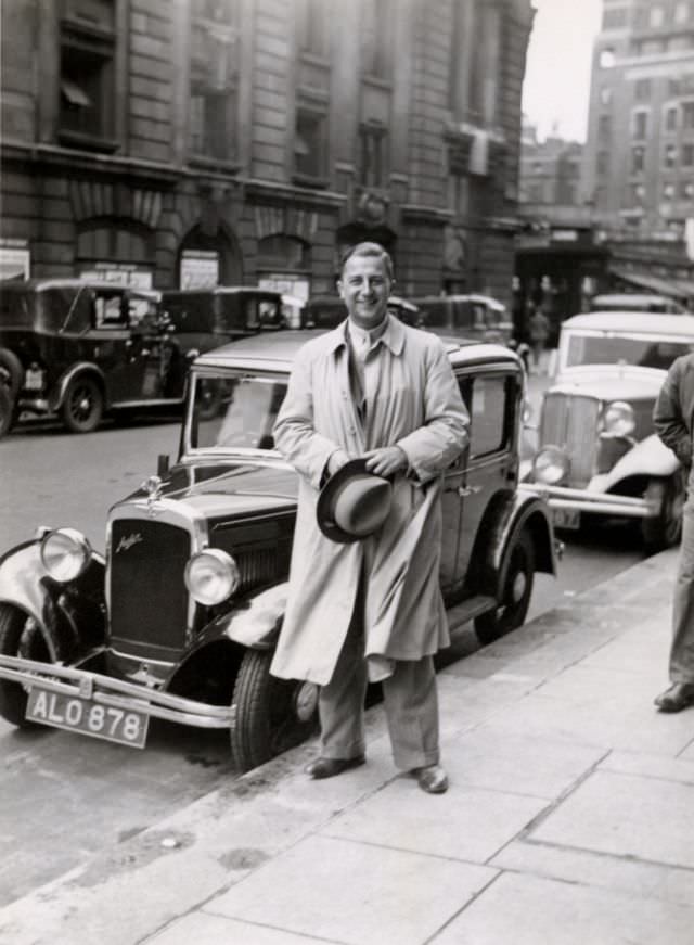 Austin 10/4 Saloon in a city street, most probably in London, 1935.
