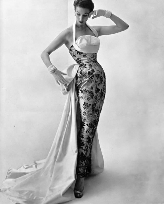 Barbara Goalen in gorgeous evening gown by Herbert Sidon, 1951.