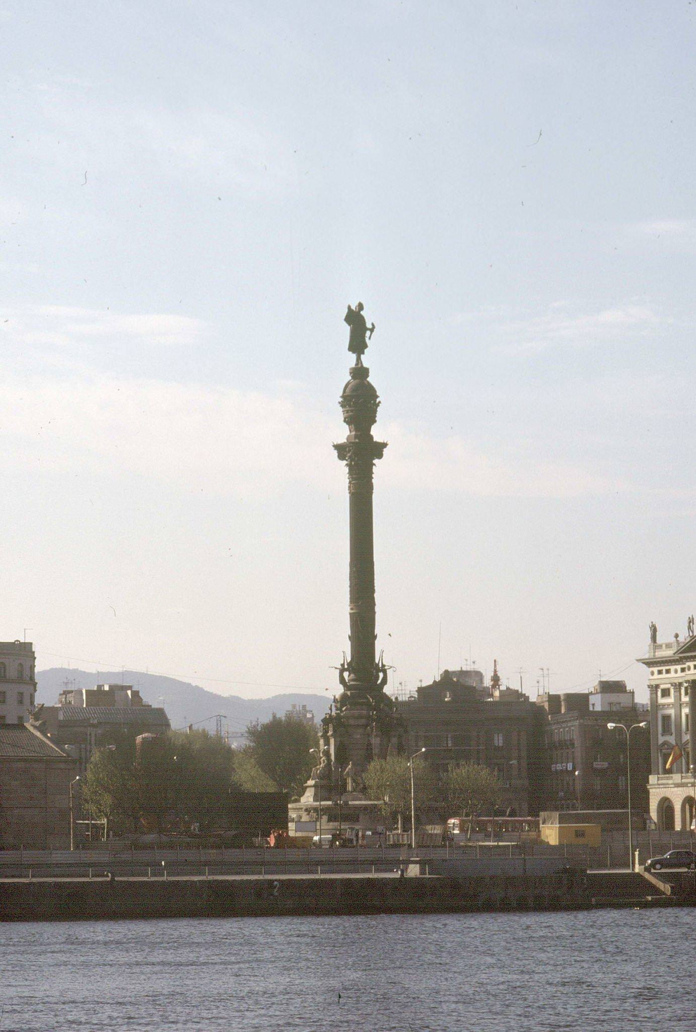 The Peace place and Christopher Columbus's monument near the port, Barcelona, Spain, 1991.
