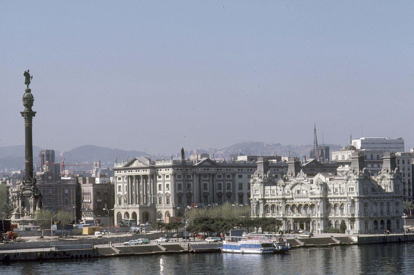 The Peace place and Christopher Columbus's monument near the port, Barcelona, Spain, 1991.