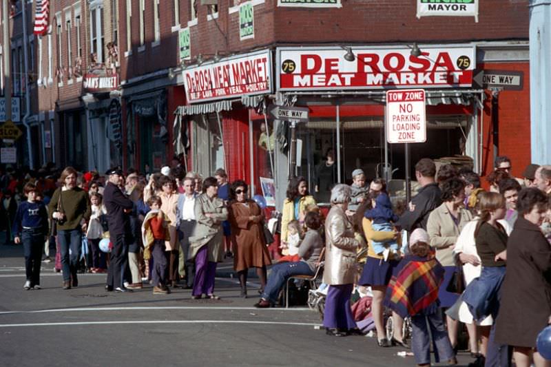 Corner of Endicott and Stillman Streets, Columbus Day parade, Boston, Massachusetts, 1971