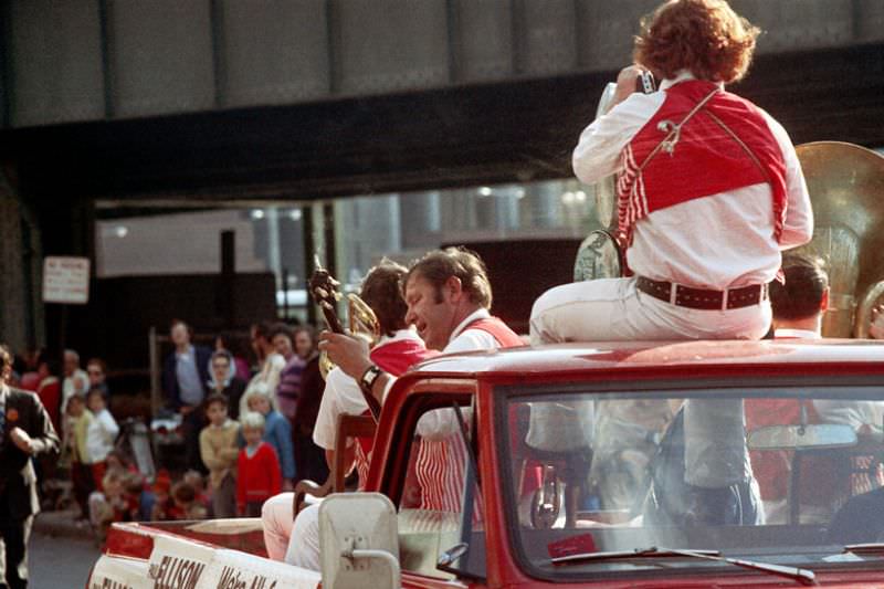 Dixieland band, Columbus Day parade, Boston, Massachusetts, 1971