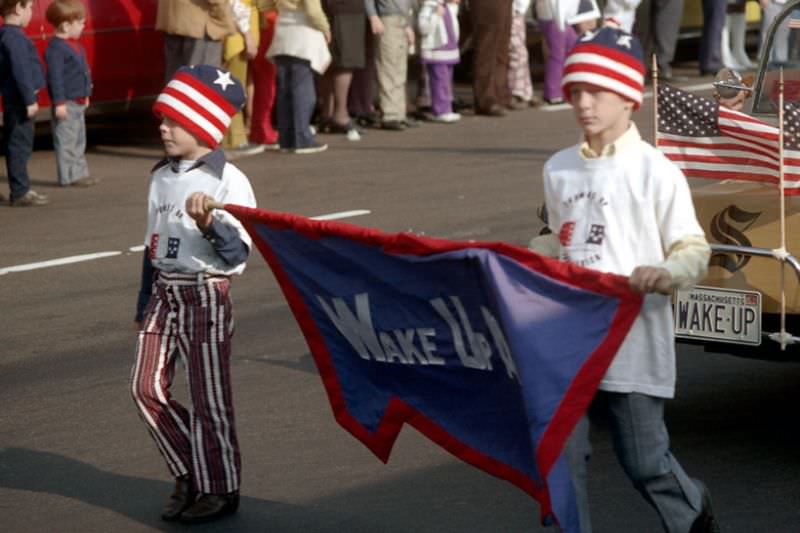 "Wake Up America", Columbus Day parade, Boston, Massachusetts, 1971