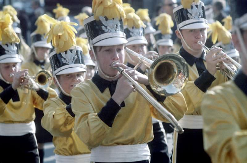 Marching band, Columbus Day parade, Boston, Massachusetts, 1971
