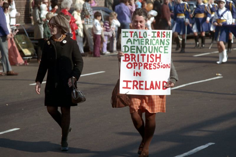 Protest sign, Columbus Day parade, Boston, Massachusetts, 1971