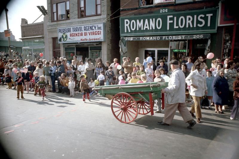 Spectators lining parade route, Columbus Day parade, Boston, Massachusetts, 1971