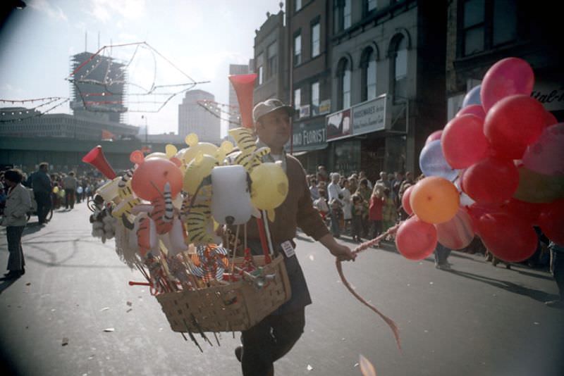 Street vendor, Columbus Day parade, Boston, Massachusetts, 1971