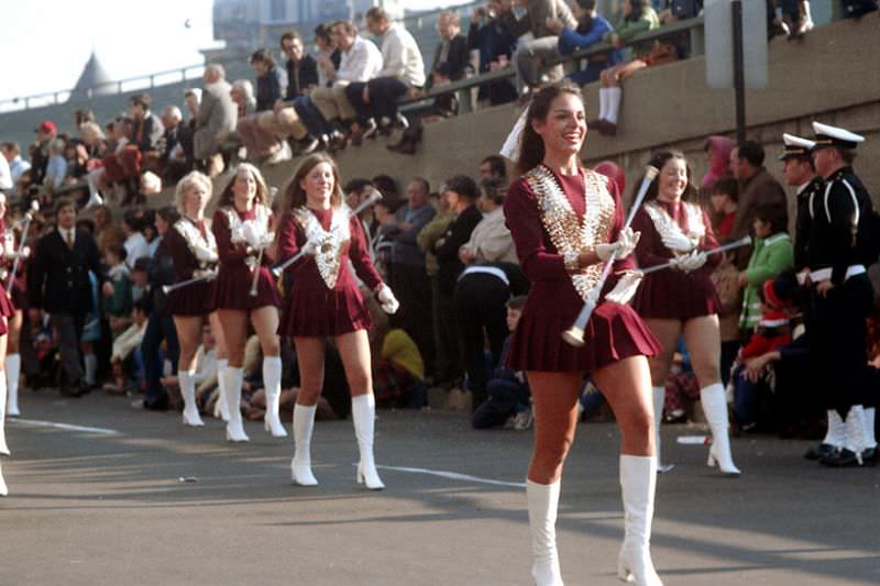 Baton twirlers, Boston College marching band, Columbus Day parade, Boston, Massachusetts, 1971
