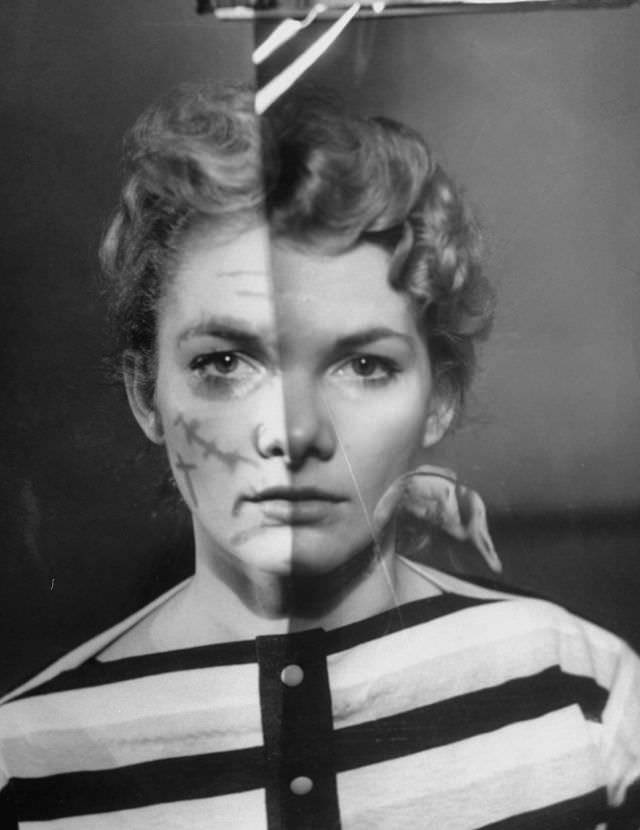 Actress Barbara Loden had her face made up for spoof of a cosmetics ad to appear for an Ernie Kovacs special, with a TV filter helping to complete the gag, 1958.