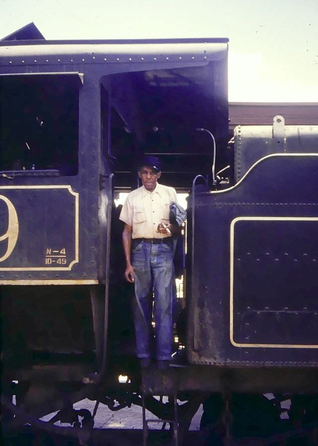 Engineer on the locomotive, Cuba, 1950