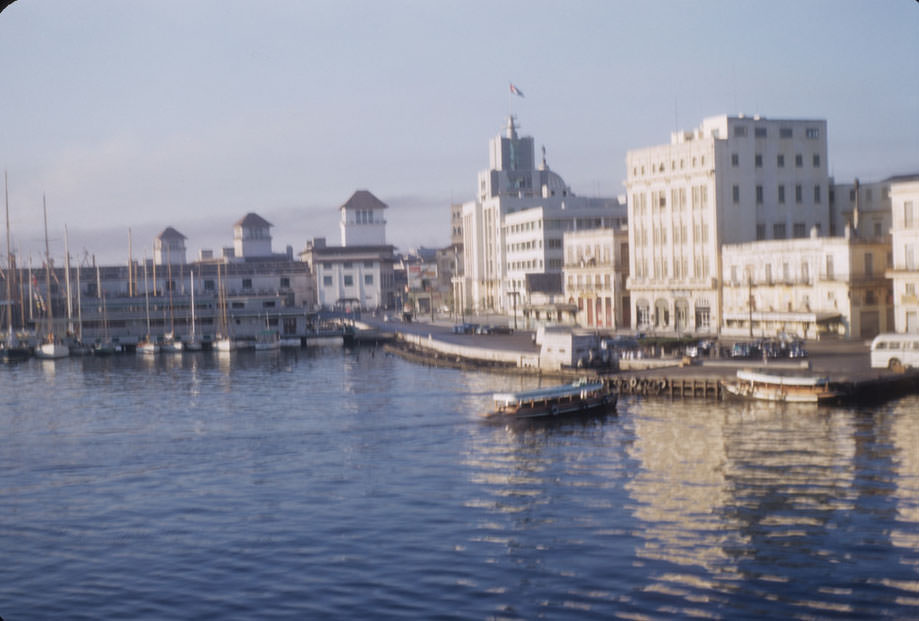 City harbor with passenger ferry approaching