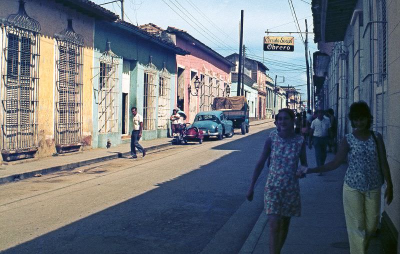 An old colonial street of Santa Clara. A sign marks the headquarters of the Workers' Social Circle, Matanzas, Cuba, 1976