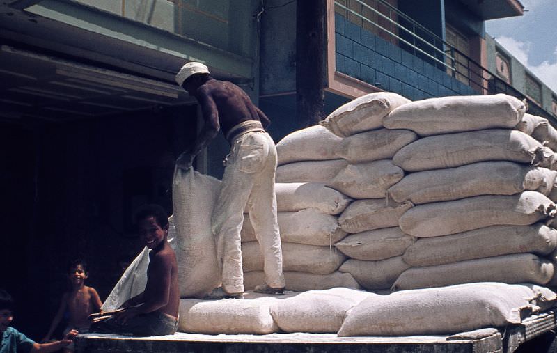 Man unloading flour sacks from his truck, Santa Clara, 1970s