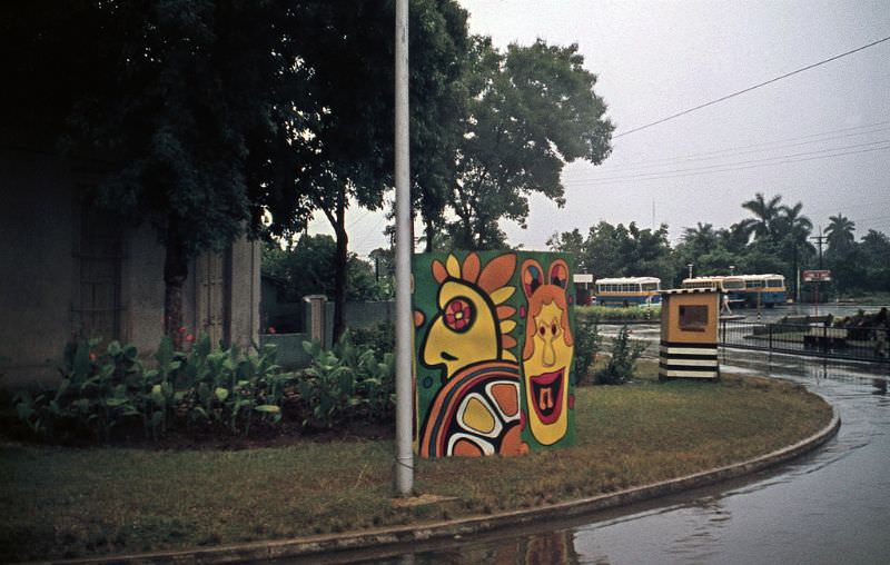 Colorful masks announcing the Carnival in a square, Matanzas, Cuba, 1976