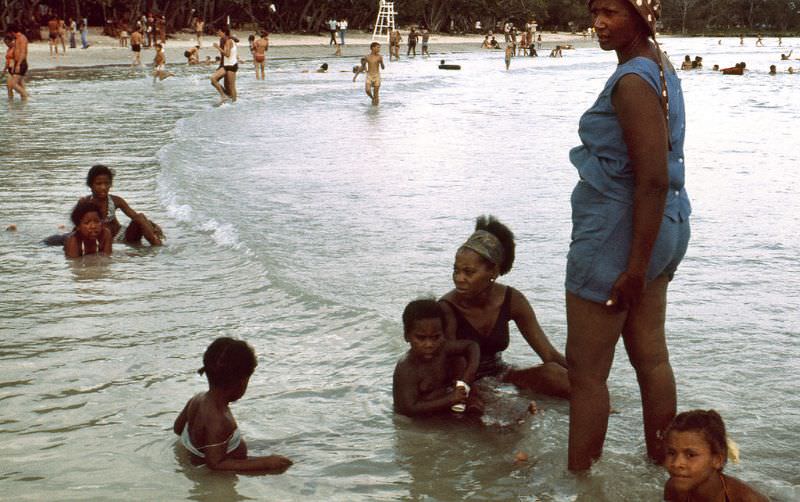 Cuban families on holidays having fun at the beach, Cuba, 1976