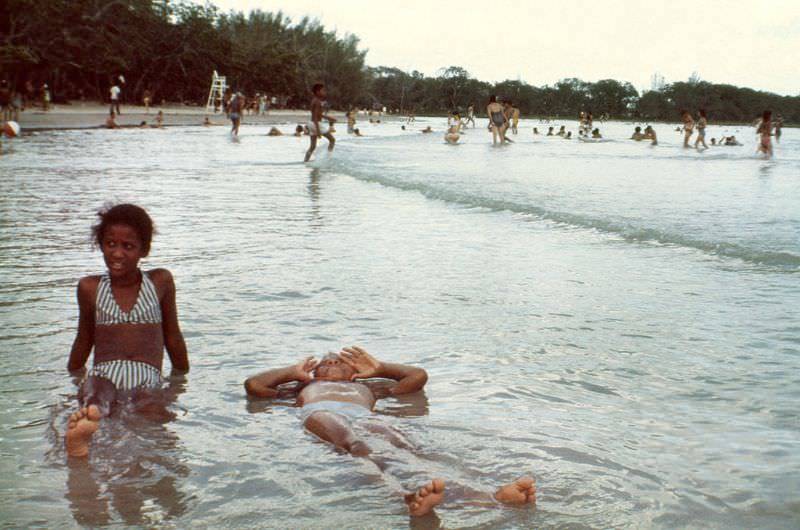 Cuban families on holidays having fun at the beach, Cuba, 1976