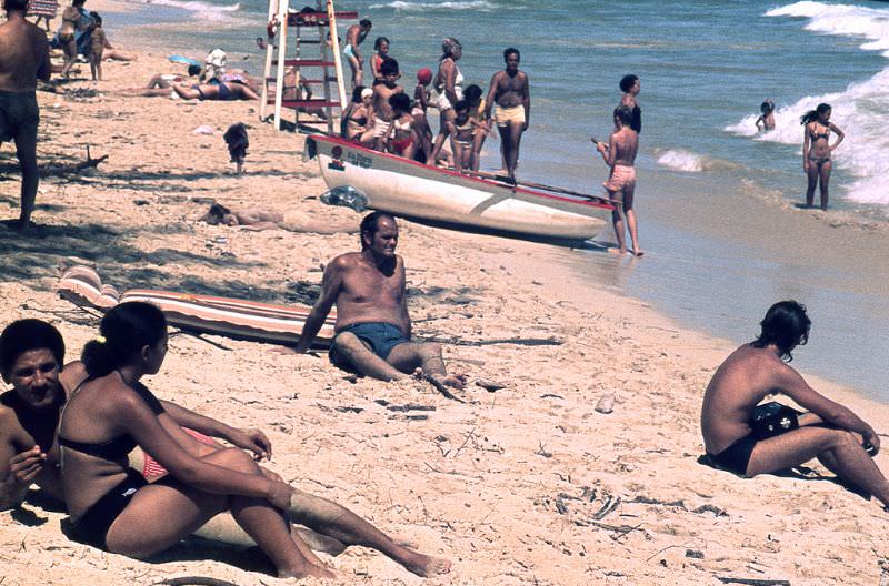 Cubans on holiday at the beach. Santa María del Mar beach, near Guanabo and Havana, Cuba, 1976