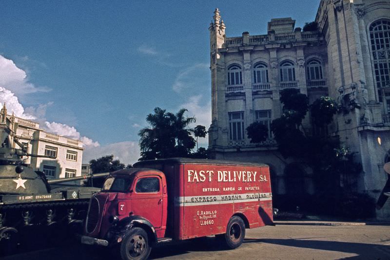 US tank and American truck confiscated during the Cuban Revolution, displayed in a square in Havana, Havana, 1976
