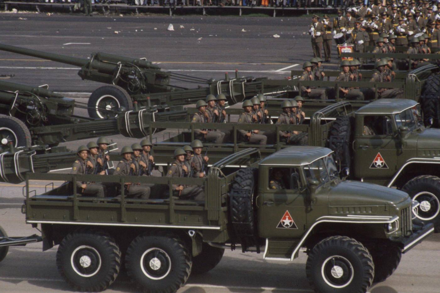 Military parade at Plaza De La Revolucion, featured in 'Closeup: Cuba - The Castro Generation', Havana, Cuba, 1977.